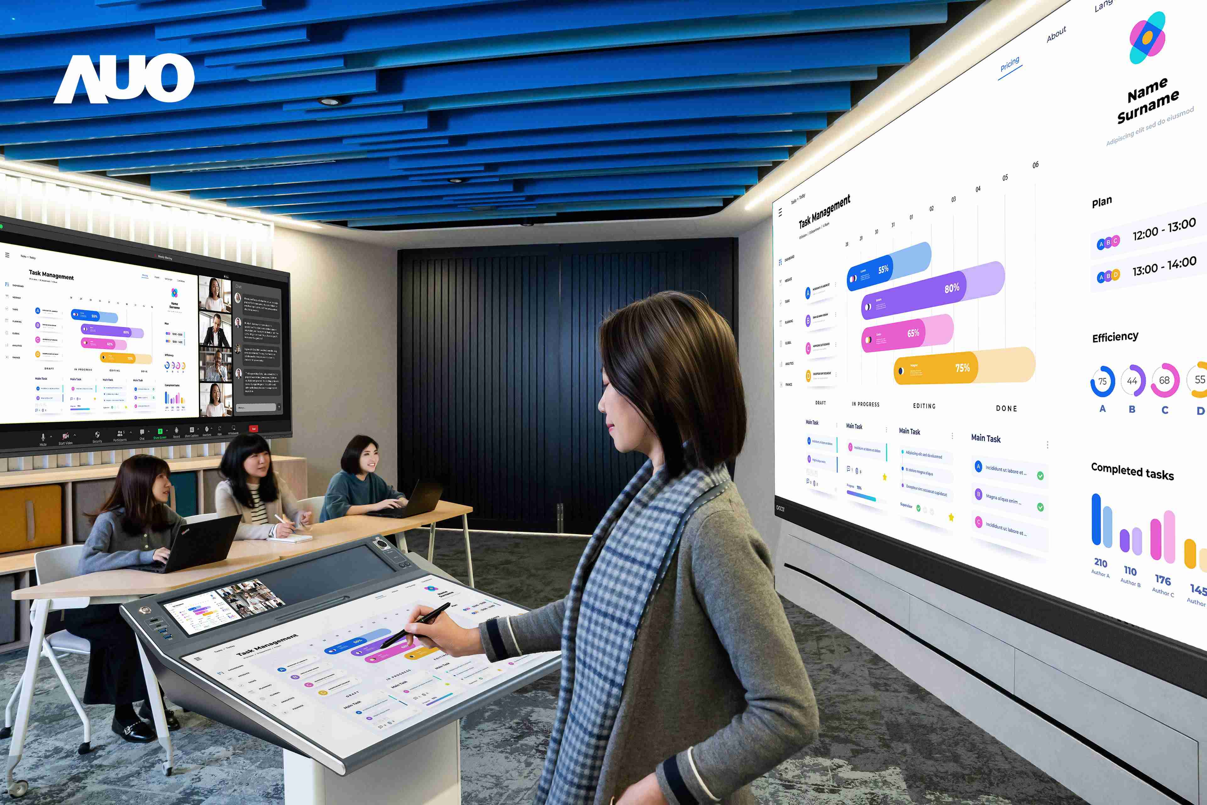 达擎携手Avocor与Rise Vision展示全方位商务领域应用，，，包含采用模块化设计的138吋一体式All-in-One LED显示器及具21:9超宽比例的92吋交互式电子白板（IFPD），，讲者可轻松分享内容，，，，有效提升会议协作效率。。。